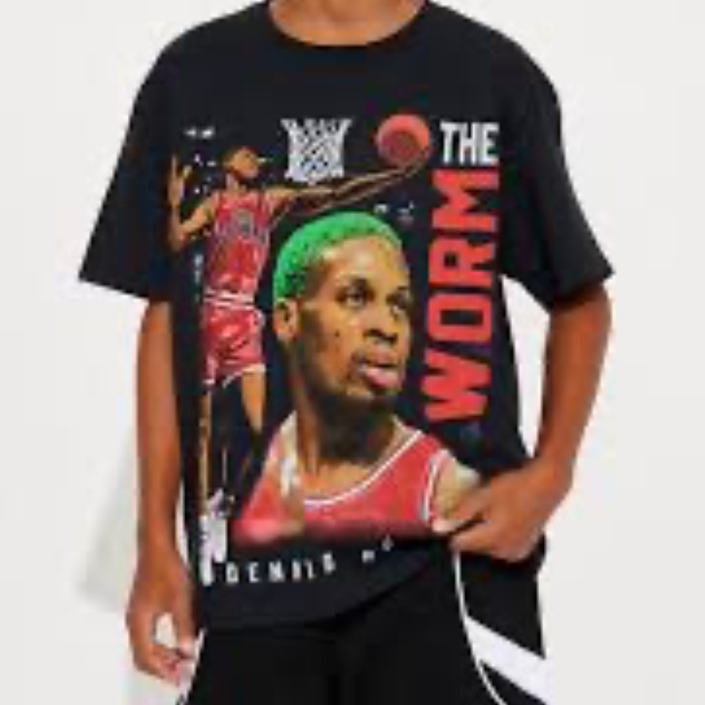 Dennis Rodman Black Graphic T-Shirt with Basketball Print Sz L Women